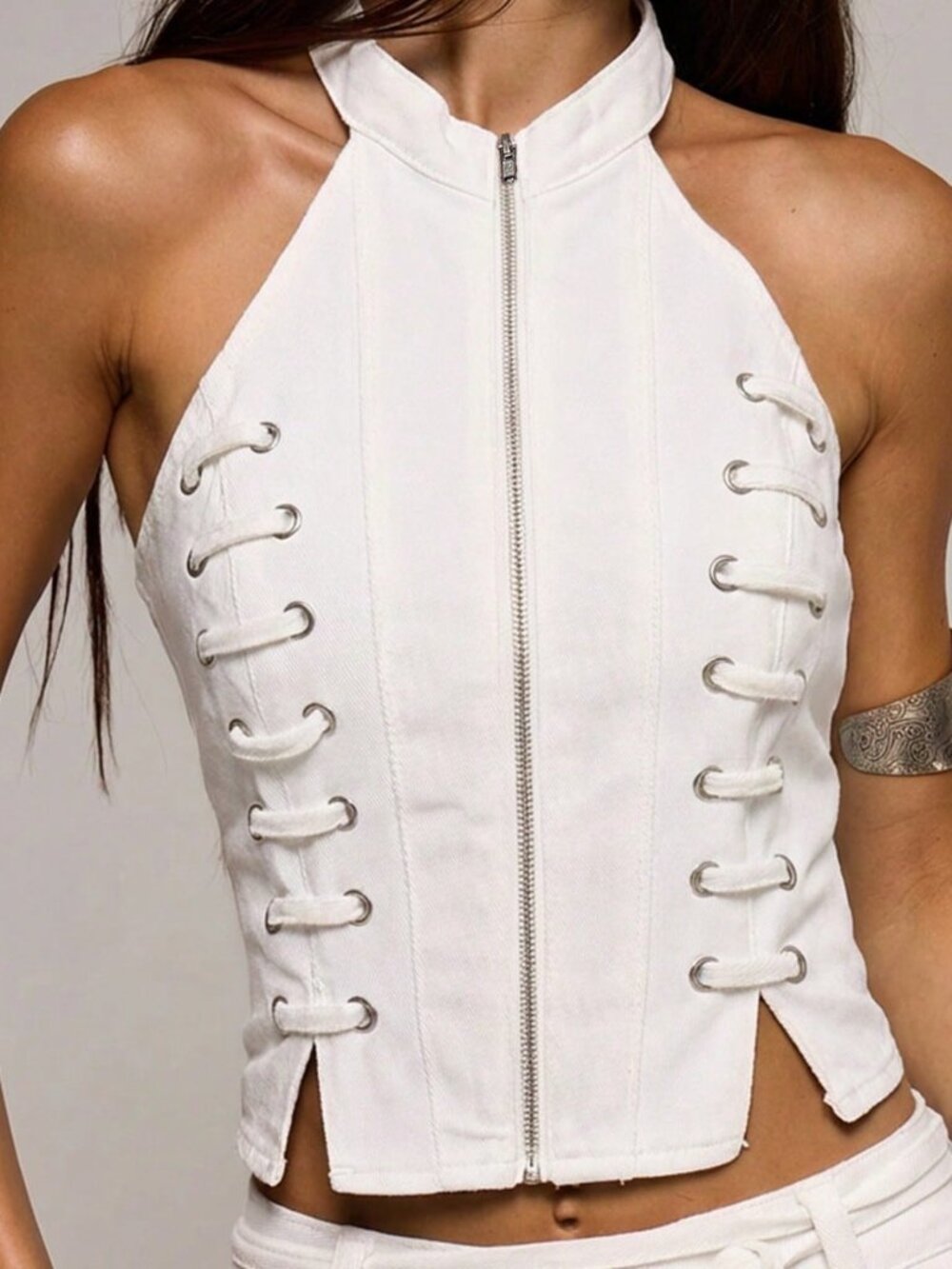 White Casual Women's High Neck Eyelet Lace-Up Fitted Longline Denim Top - Picture 3 of 6